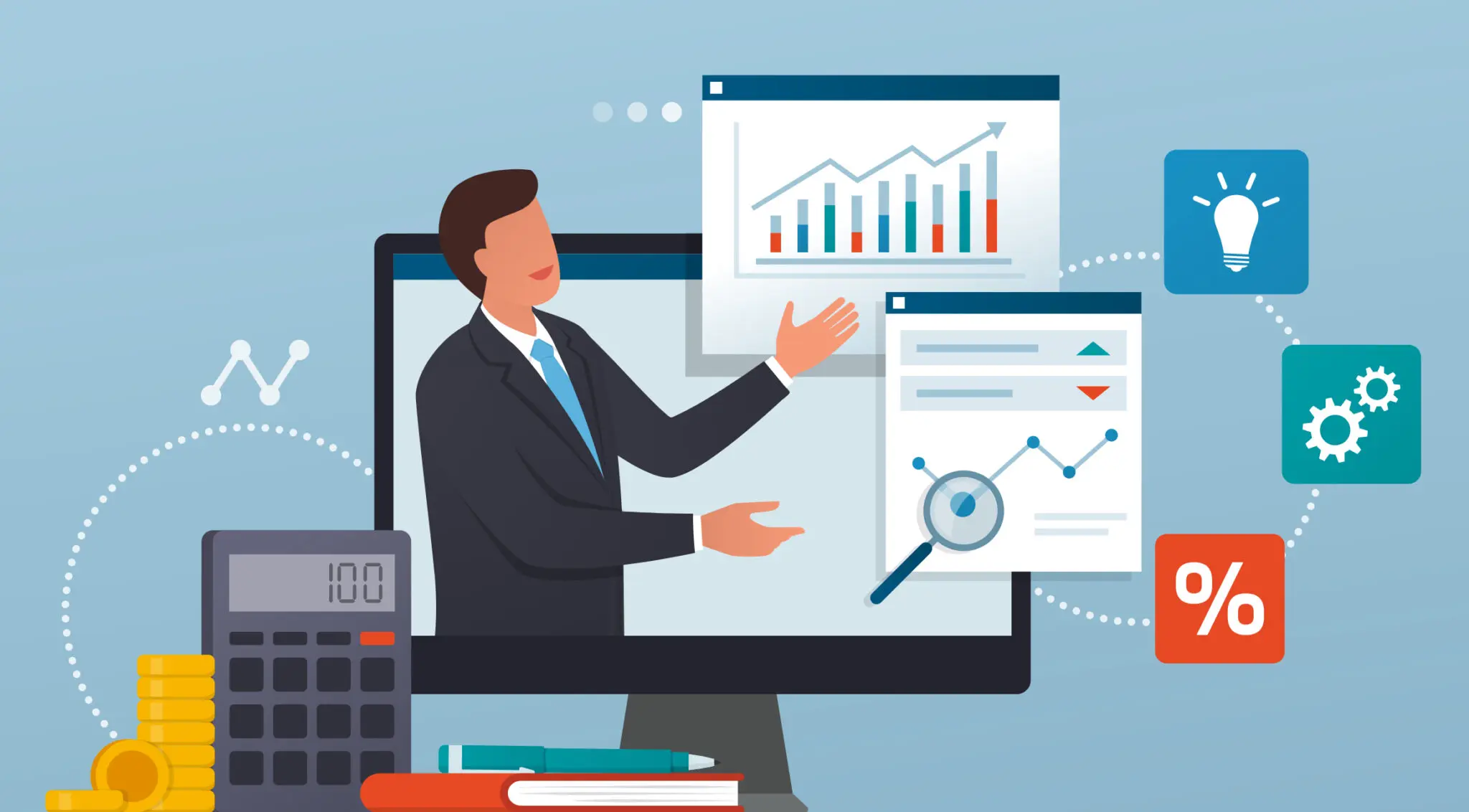 Businessman analyzing digital financial charts illustration.