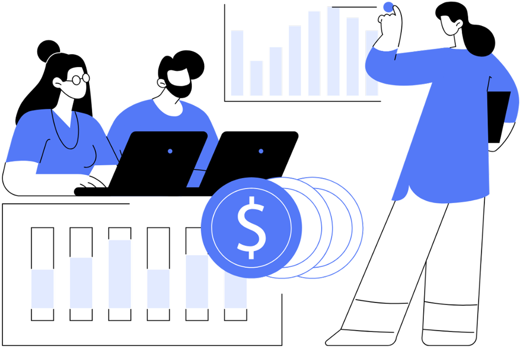 Illustration of business analytics and finance teamwork.