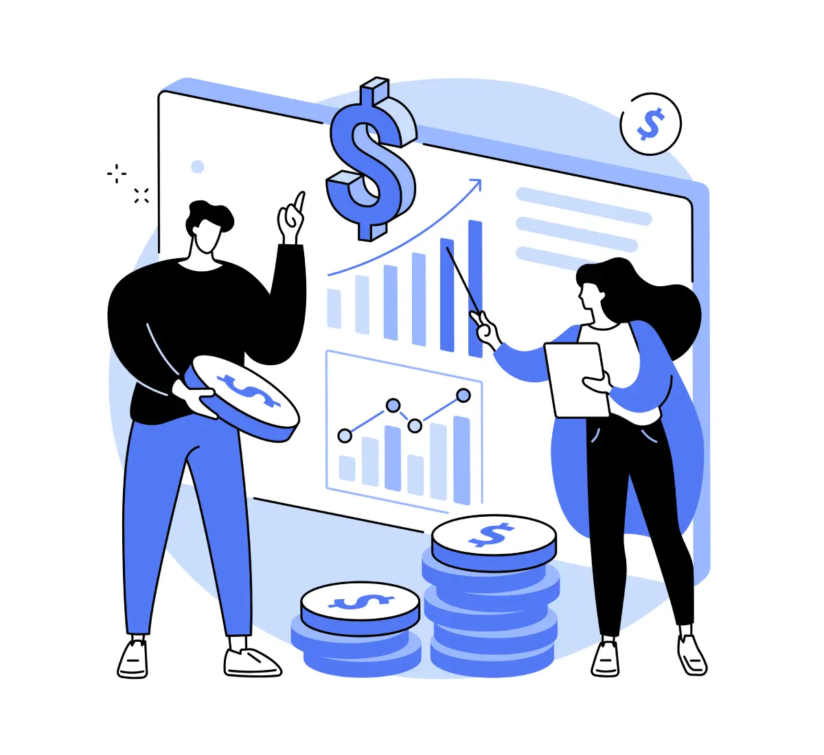 Two people analyzing financial growth charts.