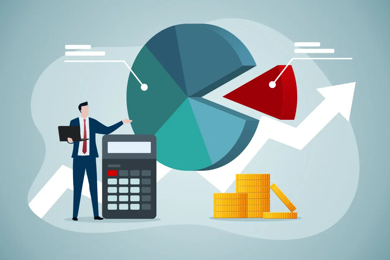 Businessman with calculator and pie chart illustration.