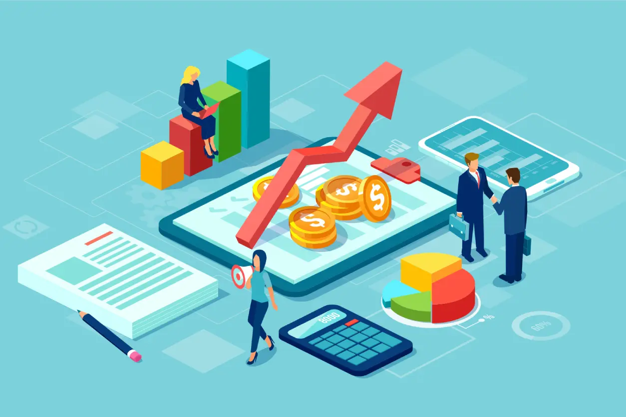 Business growth illustration with charts and coins.