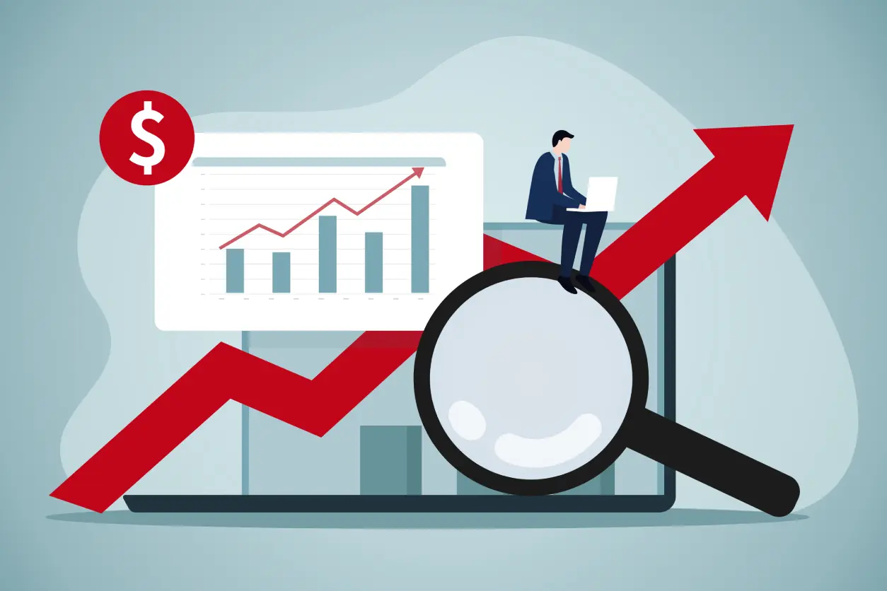 Business growth chart with magnifying glass illustration.
