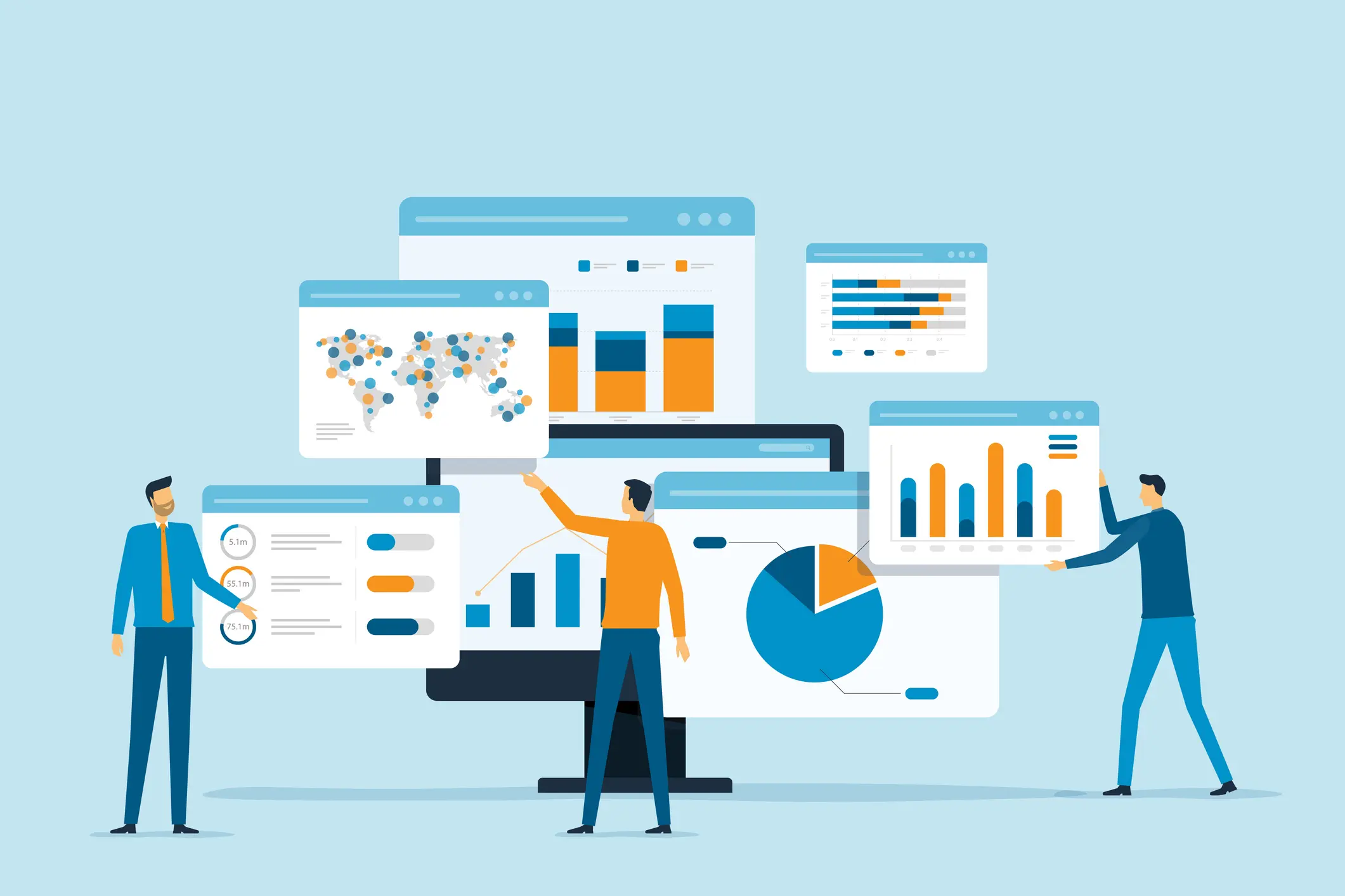 Person analyzing various data charts and graphs on multiple screens.