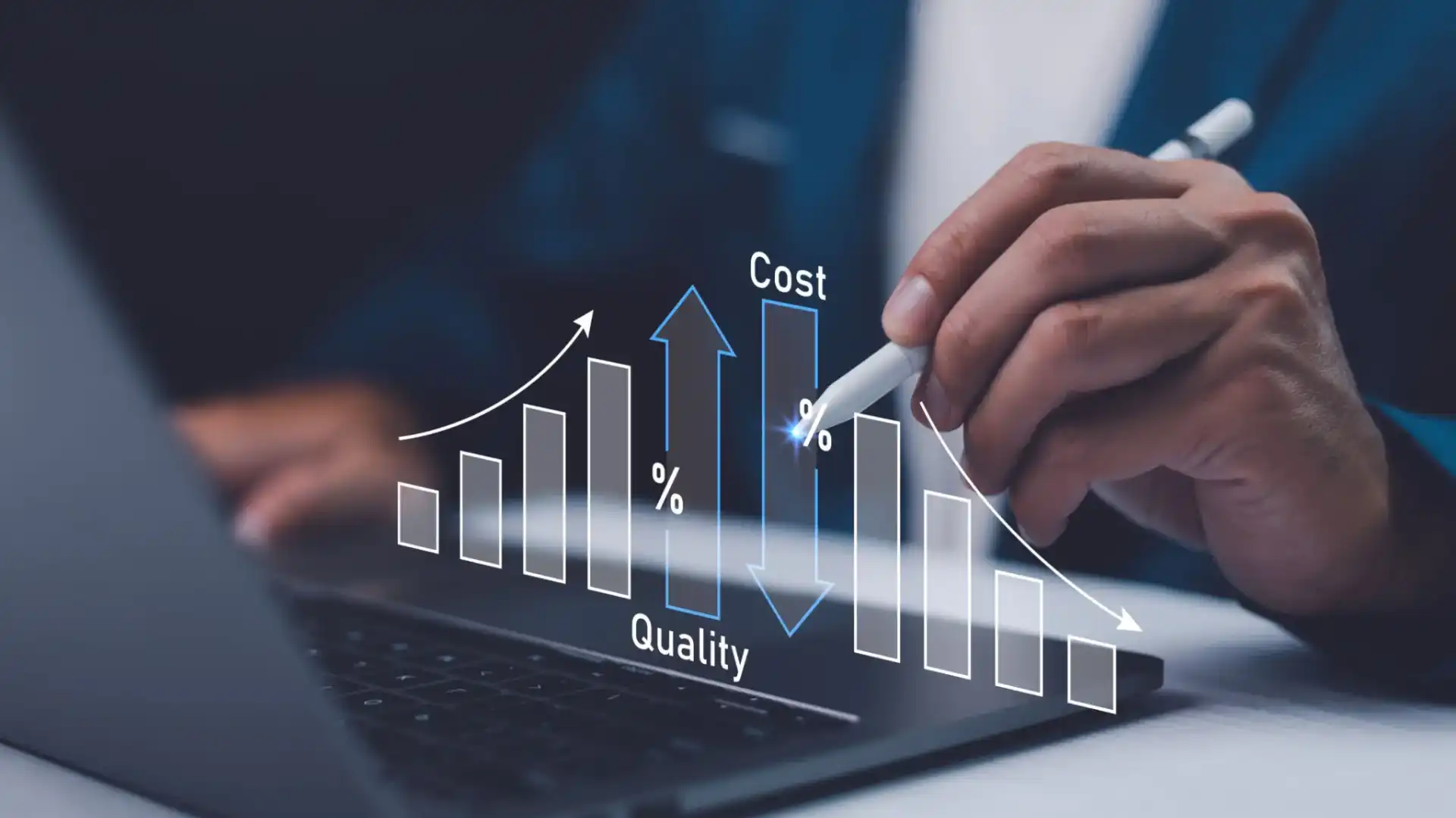 Hand pointing at a rising cost and quality graph on a digital interface.