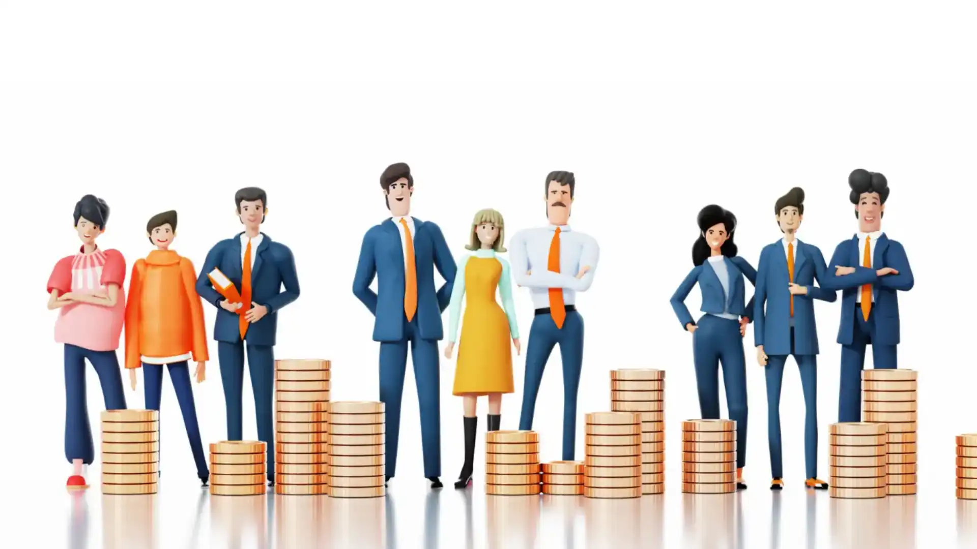 Business professionals standing on stacks of coins representing financial growth.