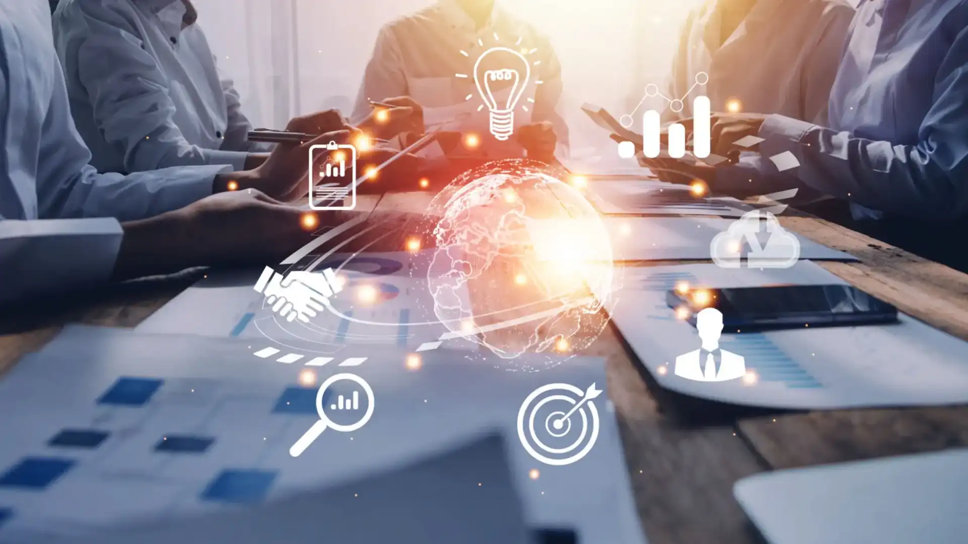 Business meeting with global digital technology icons overlay.