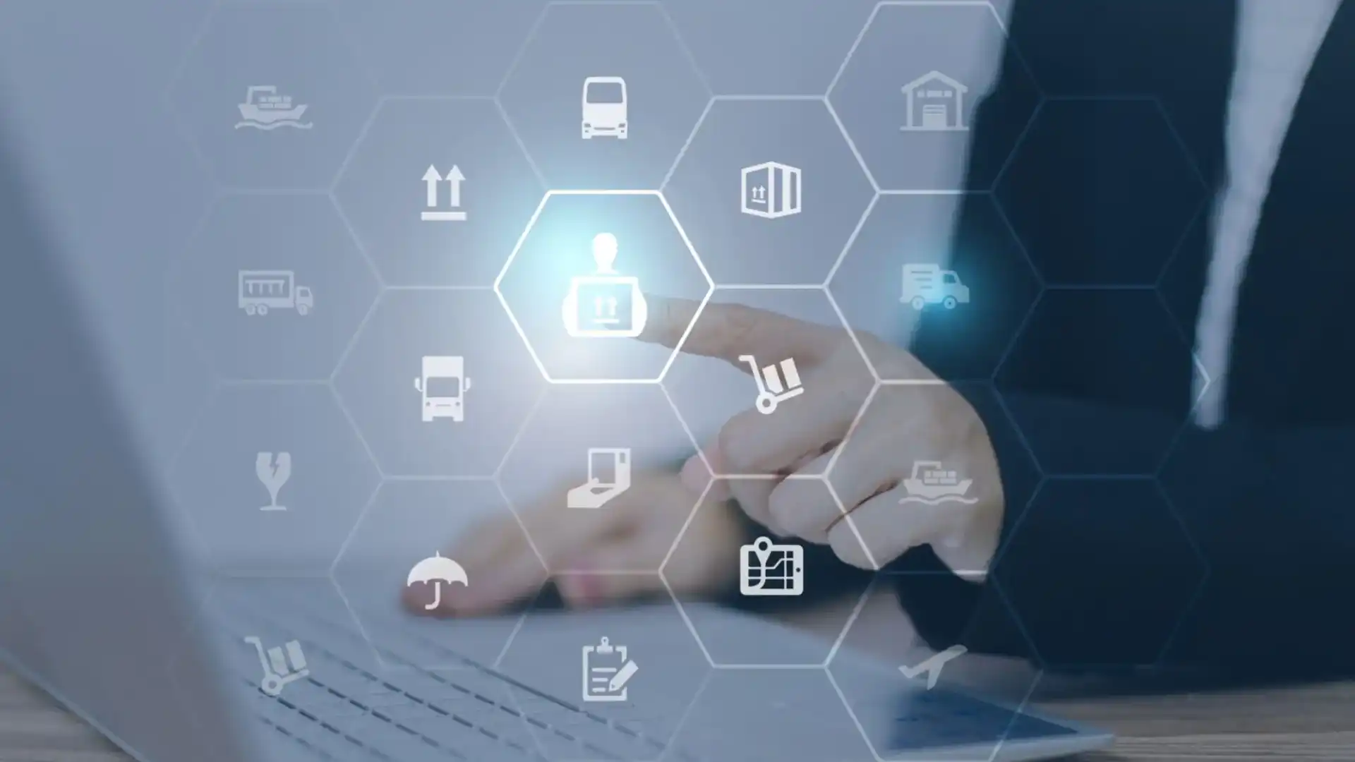 Hand interacting with digital icons representing business and technology.