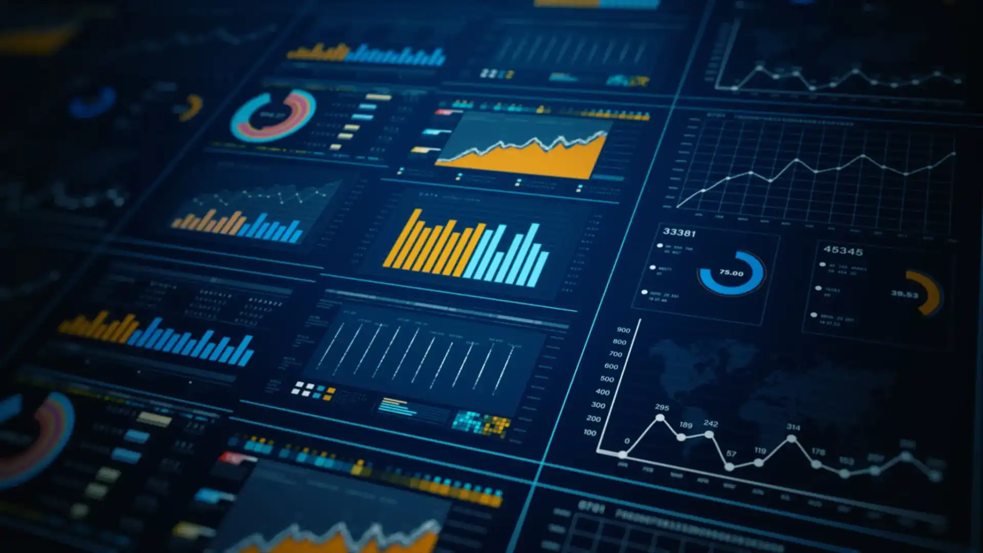 Digital dashboard showing various colorful financial charts and graphs.