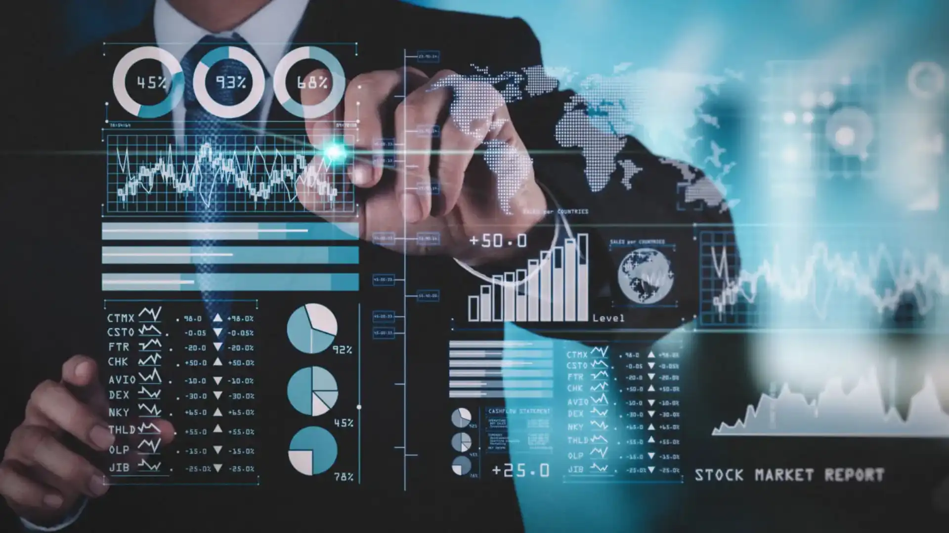 Businessman interacting with futuristic financial data visualizations.