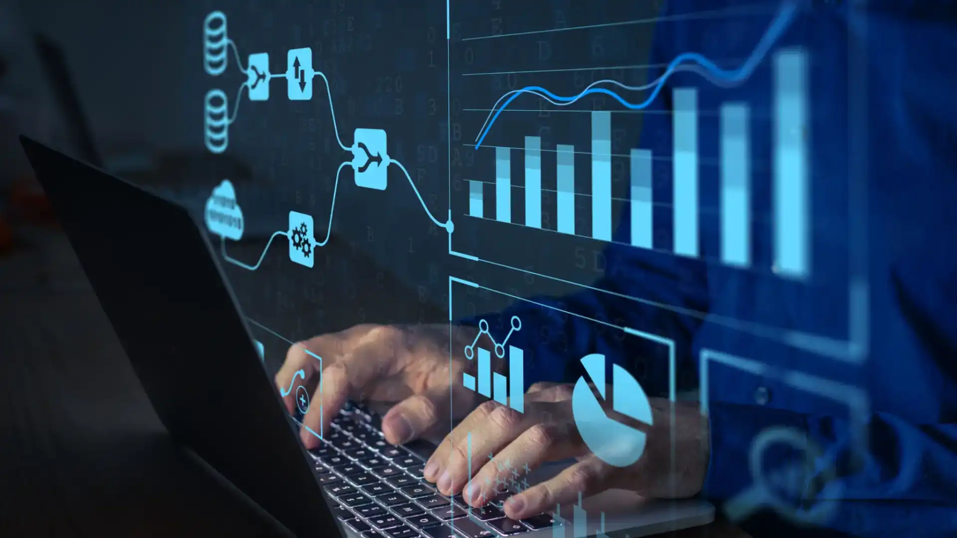 Hands typing on a laptop with digital financial charts overlay.