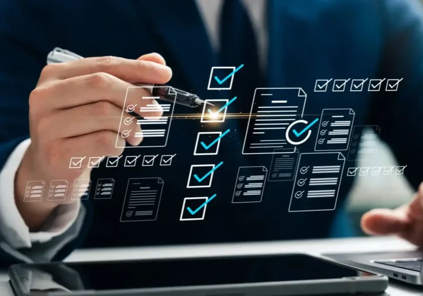 Businessman interacting with digital checklist interface on tablet.