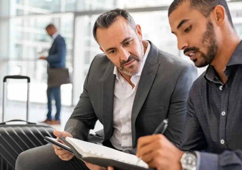 Two businessmen reviewing a document together in an office.
