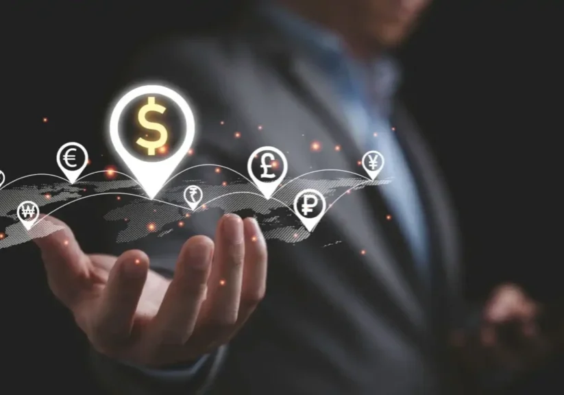 Businessman holding digital currency symbols representing global finance.