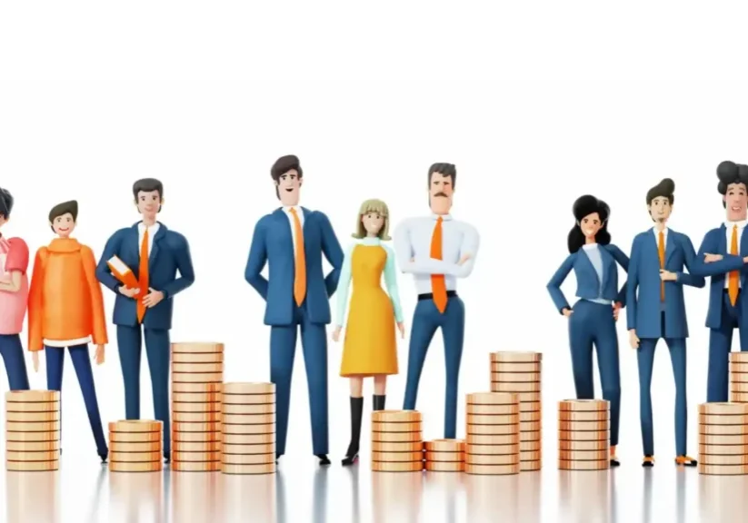 Business professionals standing on stacks of coins representing financial growth.