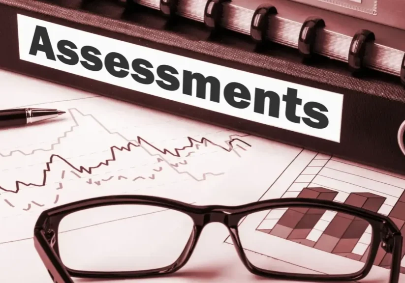 Eyeglasses on a financial assessment document with charts.