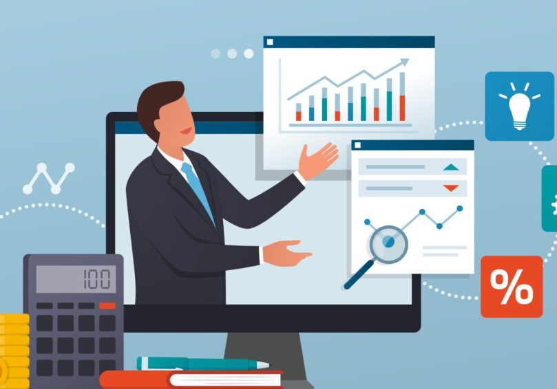 Businessman analyzing digital financial charts illustration.