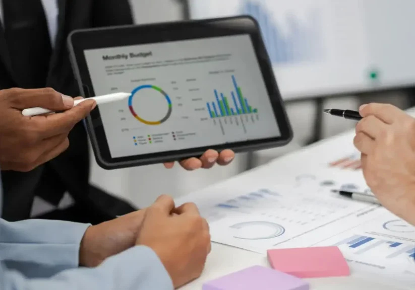 Person analyzing business data on a tablet with charts and graphs.