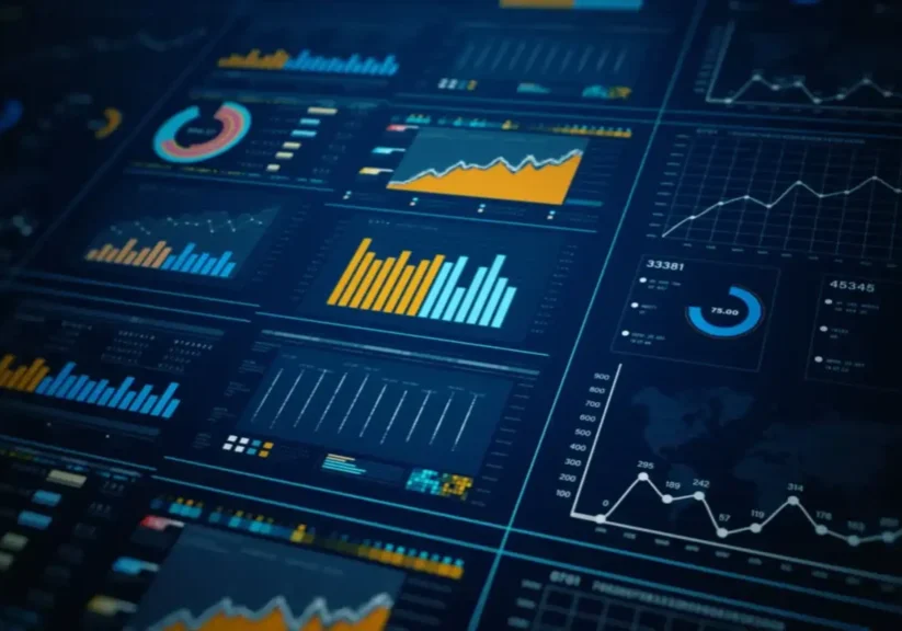 Digital dashboard showing various colorful financial charts and graphs.