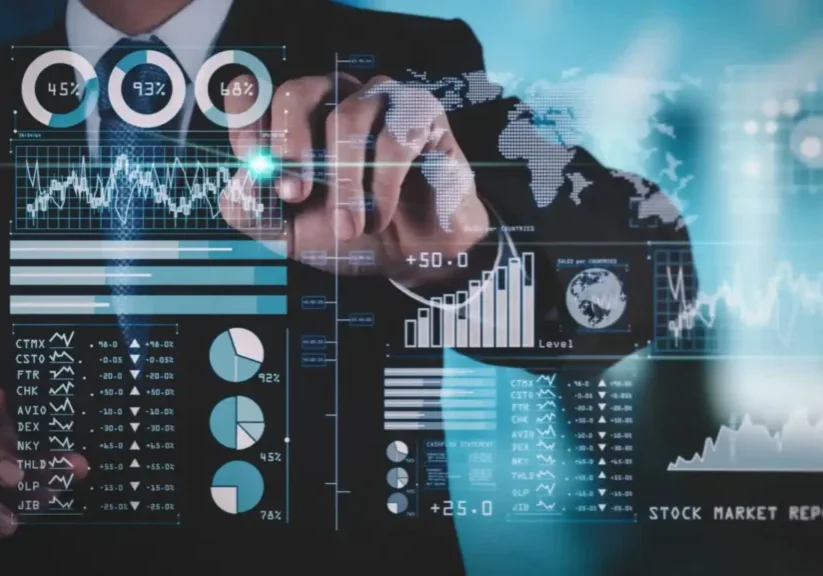 Businessman interacting with futuristic financial data visualizations.